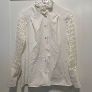 Vintage Lee Mar Pageant White Lace Sleeve Ruffle High Neck Blouse Top Womens
